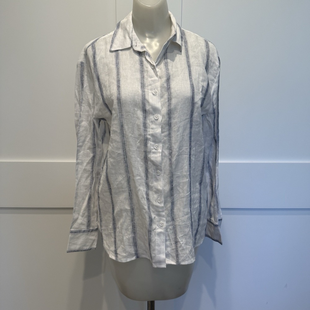 Blue Island Womens Linen Blend White W/Blue Stripe Button Up Oversized Casual XS